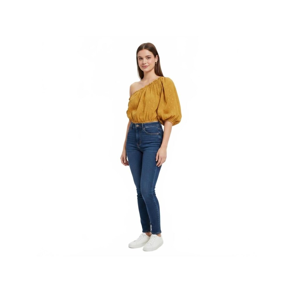 ASTR the Label Off Shoulder Top Smocked Blouse Puff Sleeve Yellow Size S